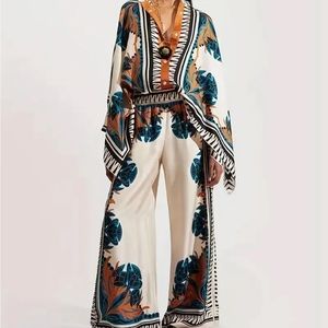 Vacation Print Two-piece Set, Button Front Blouse & High Waist Wide Leg Pants XL